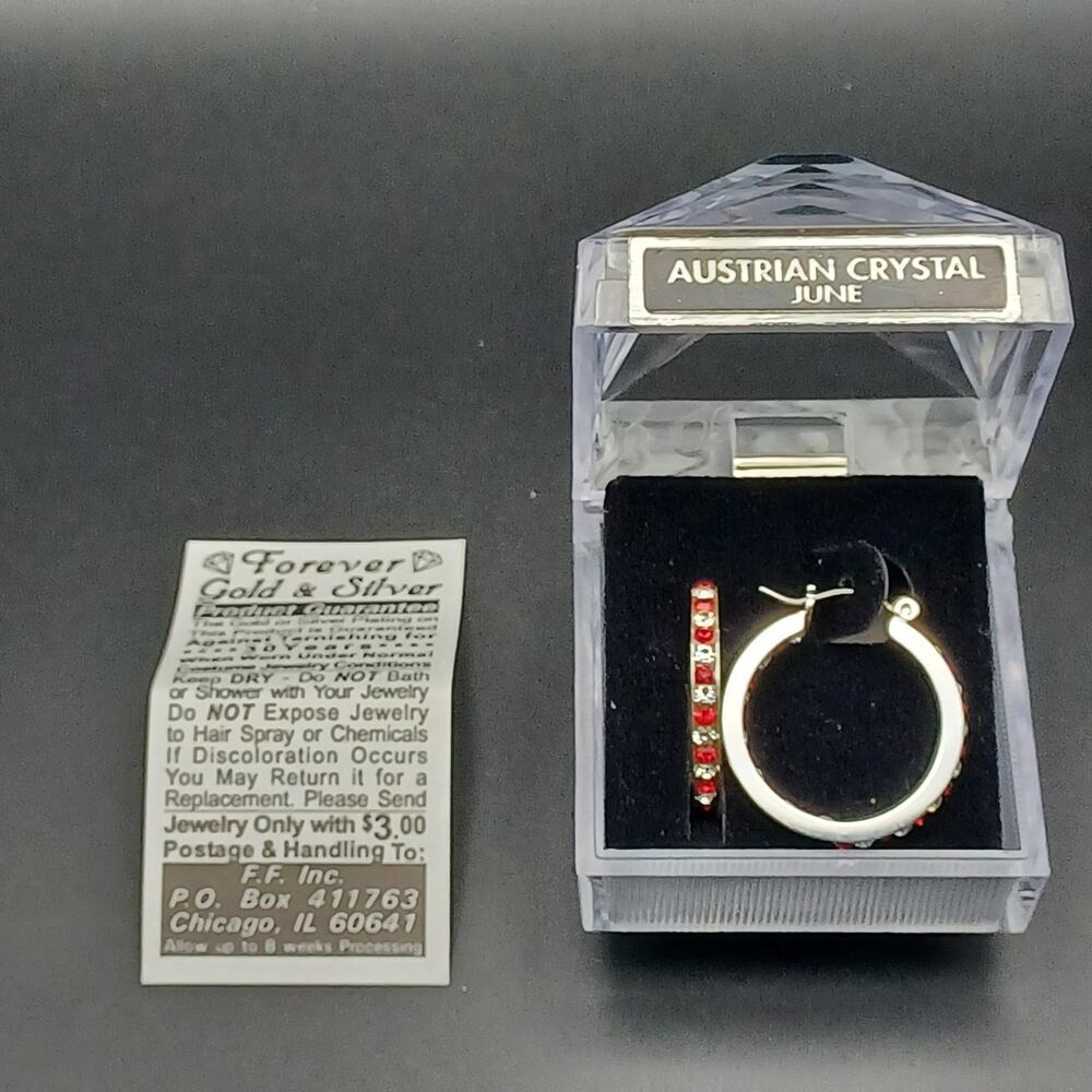 Austrian Crystal July Birthstone Hoop Earrings Silver Tone Red Crystal Boxed